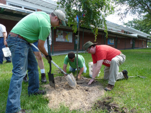 From left, Jason Pressley, John Webster and Alan Denham plant a tree at Temple Terrace Elementary.